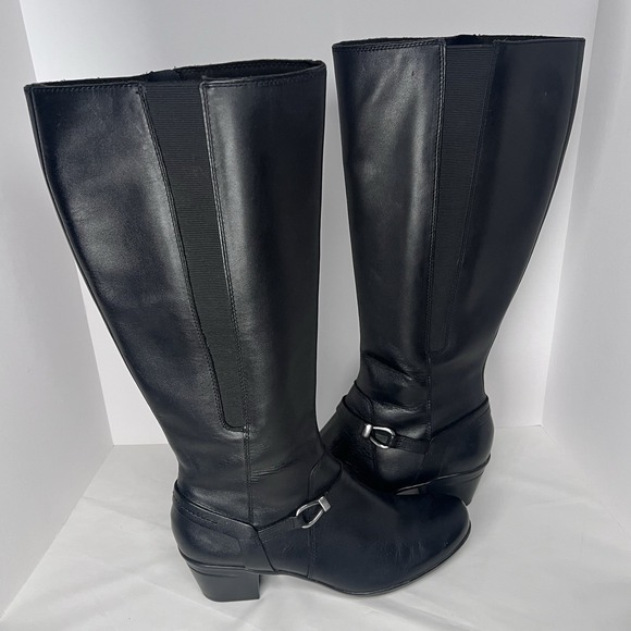 Clarks Tall Leather Boots Black Women's 10 Block Heel Zipper Riding Boot - Picture 3 of 12